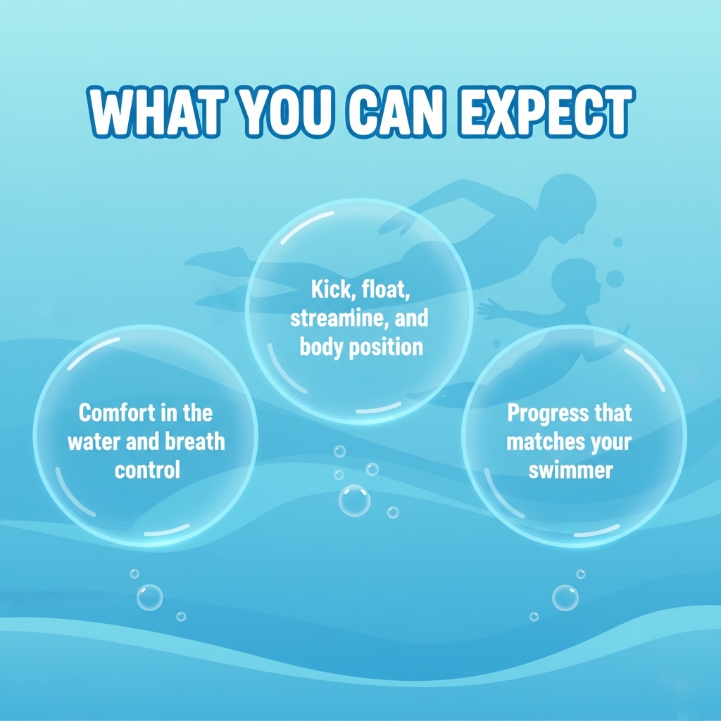 What you can expect: comfort and breath control, kick/float/streamline/body position, progress that matches your swimmer
